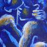 The fourth artwork in the series "Night of Passion". Painted with simple and suggestive line marks in blue, orange and white colours. Powerful  image of an embraced couple in love. Original figurative painting on canvas, painted edges and ready to hang.  Heavy textured acrylics painting produced using the palette knife. Size 60 cm x50 cm x 1 cm ( 23.5" x 20" x 0.5"). Certificate of Authenticity.