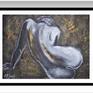 Inspired by both series "Curves"and "Golden Fern" using white and gold acrylic and gold oil pastel. Rear view of a female nude resting and decorative golden fern motives. Size 80 cm x 59 cm (31.5" x 23.5"). Certificate of Authenticity. Deliver carefully rolled in a mailing tube.