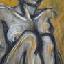 Charcoal and yellow ochre acrylic painting on paper, unframed.Sensual and elegant frontal image of a woman sitting down legs crossed at the ankles. Size 53 cm x 80 cm (21"x 31.5"). Certificate of Authenticity. Deliver carefully rolled in a mailing tube.