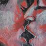 Original figurative drawing on paper, unframed. New series of drawings on coloured paper. The titles are suggested by the paper's colour. Erotic and sensual close-up portrait of man and woman lovers, passionately kissing. Red, black and white pastels on black paper, texture and movement. Size 83 cm x 60 cm (32.5" x 23.5"). Certificate of Authenticity. Deliver professionally protected with quality artist spray and glassine paper, wrapped and rolled in a mailing tube.
