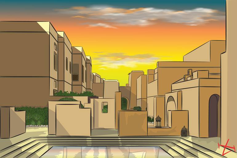 Original Architecture Digital by Issam Louir | Digital Art Art on Canvas | Echoes of Gold - Sunset over the Ancient Courtyard