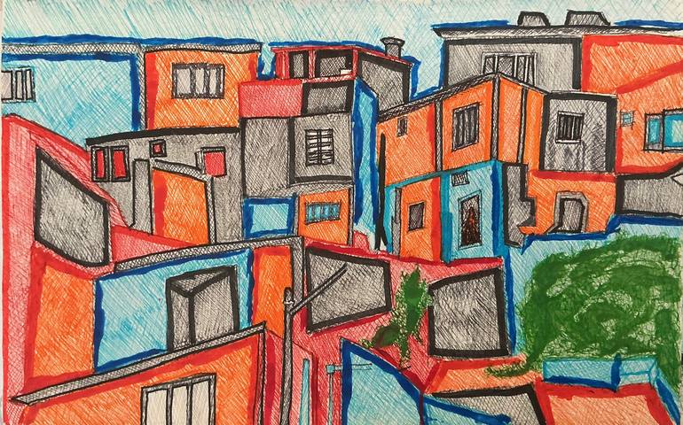Original Architecture Mixed Media by Akwasi Agyeman | Cubism Art on Fine Art Paper | Ash Town and the Favelas