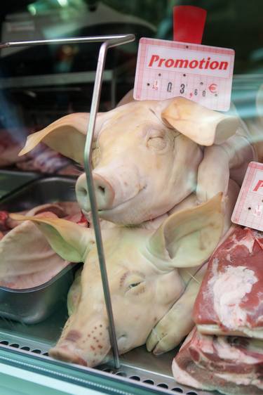 Pig heads for sale in a meat market thumb