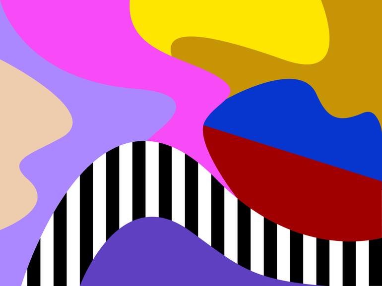 Original Abstract Painting by Mounir Tahoum | Abstract Art on Canvas | abstract fluid shapes lines black and white purple pink yellow