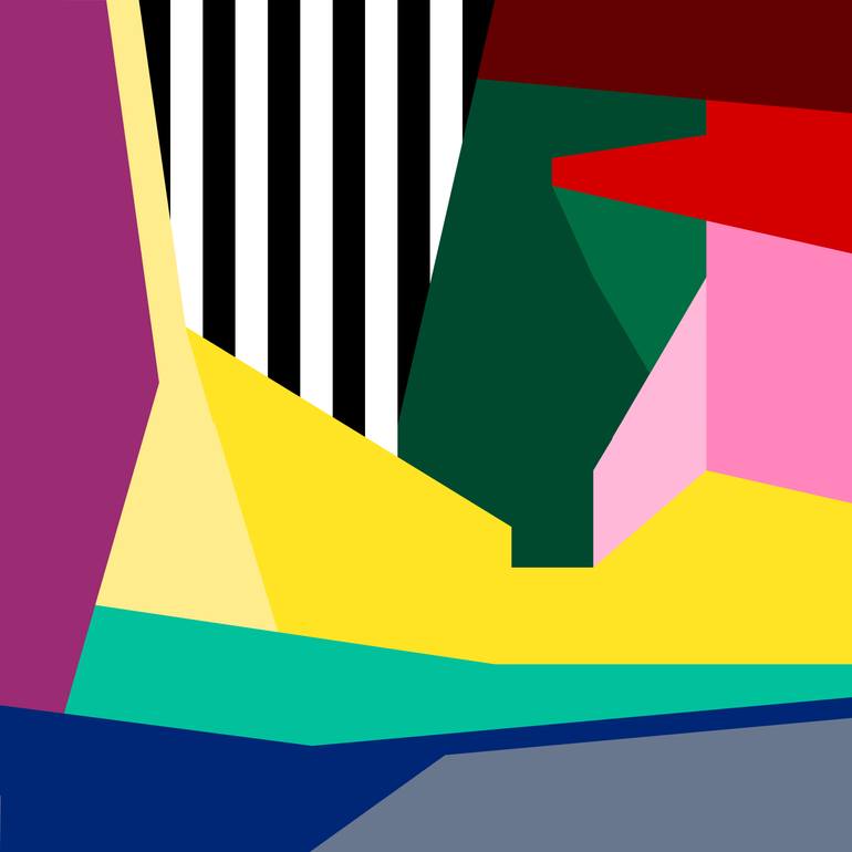 Original Abstract Painting by Mounir Tahoum | Abstract Art on Canvas | abstract geometric shapes lines black and white yellow pink green