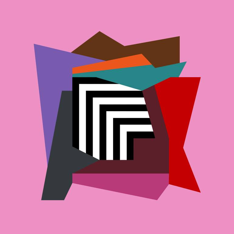 Original Abstract Painting by Mounir Tahoum | Abstract Art on Canvas | abstract geometric shapes lines black and white pink red