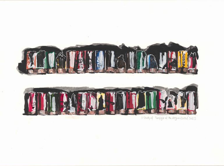 Original Travel Painting by Nigel Dawes | Color Field Painting Art on Pressed Cardboard | A Study of 'Gunfight at the Aegina Corral'