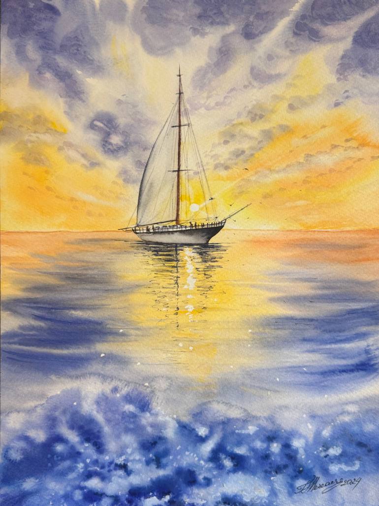 Original Seascape Painting by Tatiana Mereacre | Realism Art on Paper | Voyage Through the Sunset -- Tatiana Mereacre (2024)