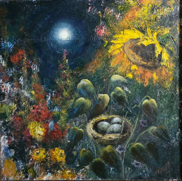Original Abstract Painting by Morozova Maryna | Symbolism Art on Canvas | IN THE NIGHT GARDEN 18.11 x 18.11 inch Oil Original Painting