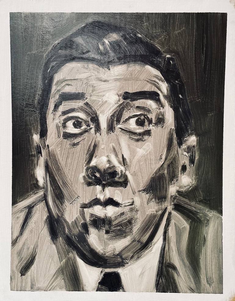 Original Famous Painting by Hugh Appleton  Black  White Art on Corrugated Cardboard  Fernandel 1