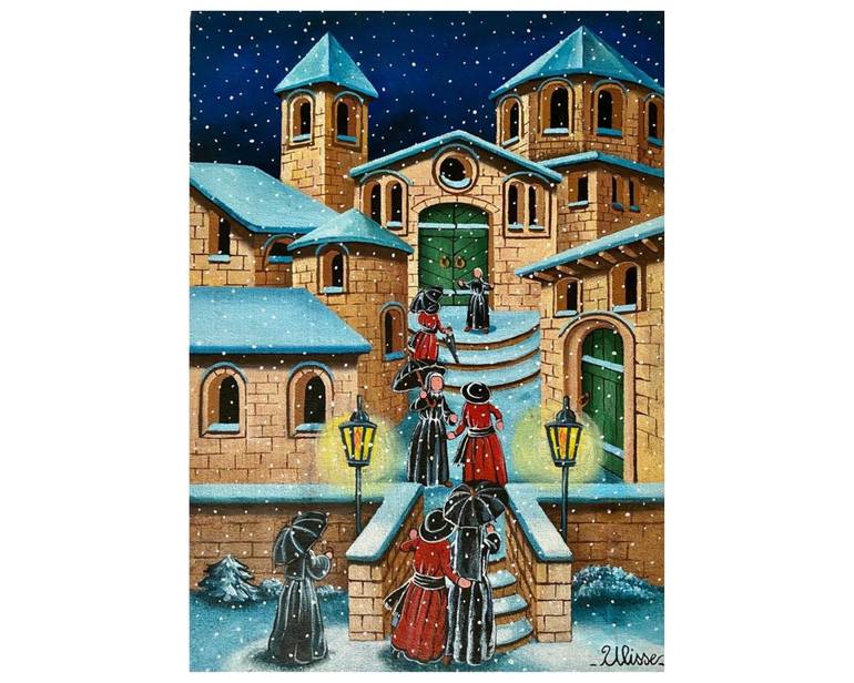 Original Rural Life Painting by Rossano Massaccesi | Contemporary Art on Wood | La notte e la neve (The night and snow)