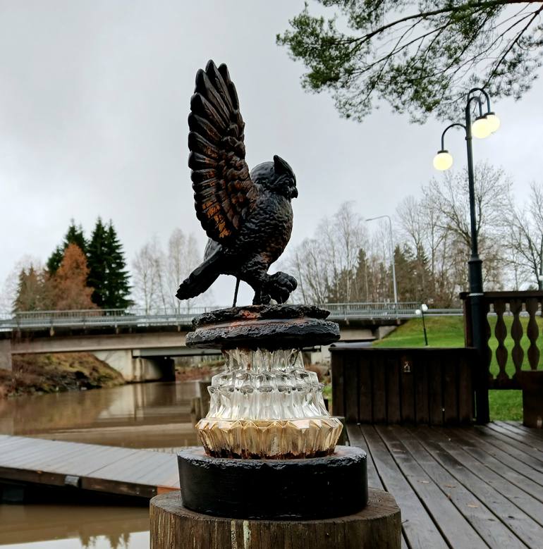 Original Animal Sculpture by Vitaliy Zots | Symbolism Art on Fiberglass | Antique Owl Sculpture: Rustic Metal & Concrete, Hand-Painted