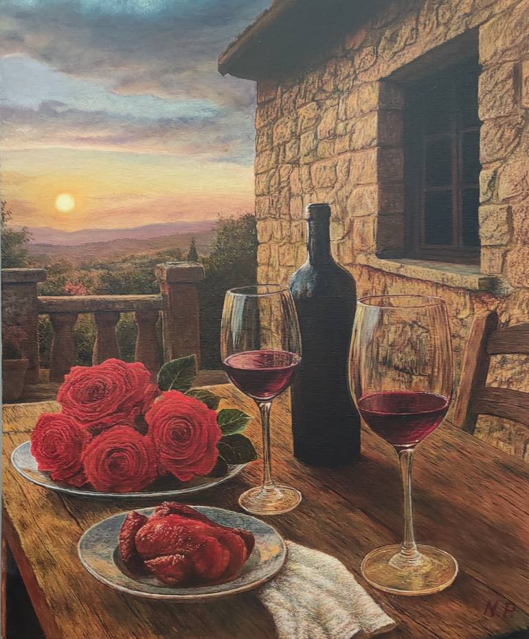 Original Food & Drink Painting by Natal'ia Potapova | Photorealism Art on Canvas | Silence of the Sunset