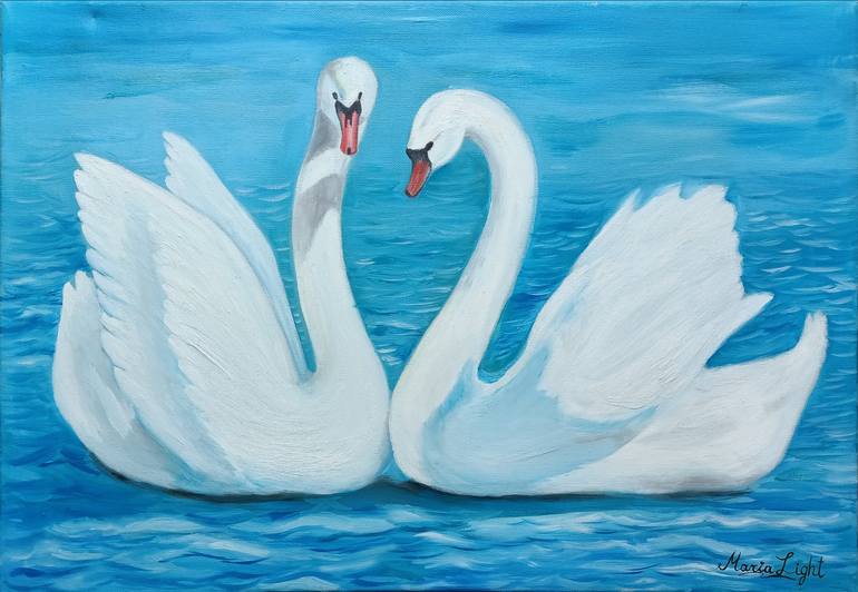 Original Animal Painting by Maria Cociu | Contemporary Art on Canvas | Swans on the lake