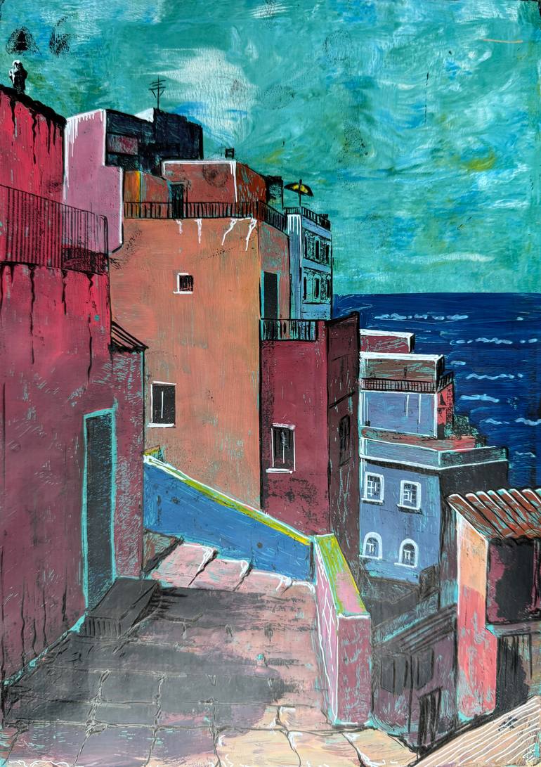 Original Architecture Mixed Media by Nata Yurpal | Contemporary Art on Acrylic | Seaside Passage - Bright Urban Walls and Ocean Horizon