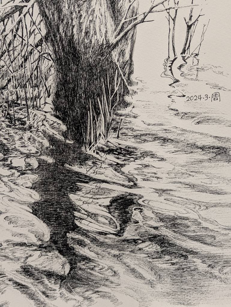 Original Black & White Landscape Drawing by Xiaoyu Cheng