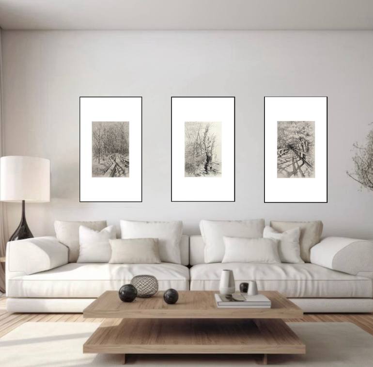 Original Black & White Landscape Drawing by Xiaoyu Cheng