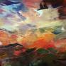 an expressionistic painting about the explosure of colors in the air and the the landscape in autumn Norway, made with acrylic on canvas.