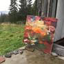 an expressionistic painting about the explosure of colors in the air and the the landscape in autumn Norway, made with acrylic on canvas.