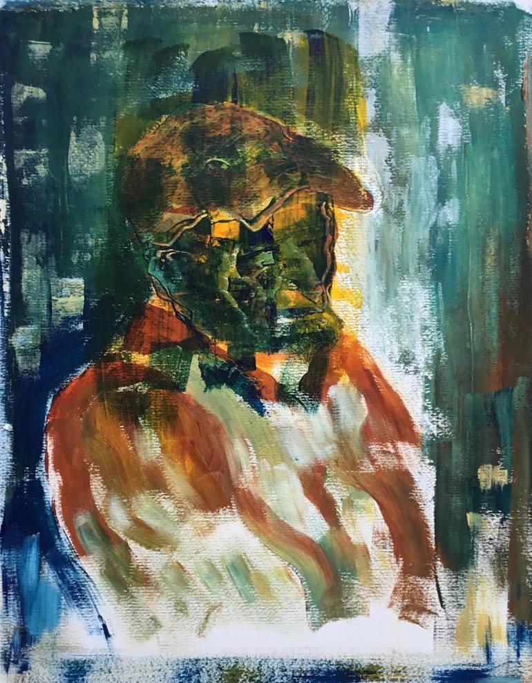 Original People Painting by Auke Mulder | Abstract Art on Paper | Portrait Model XPS series: man with cap. The farmer.