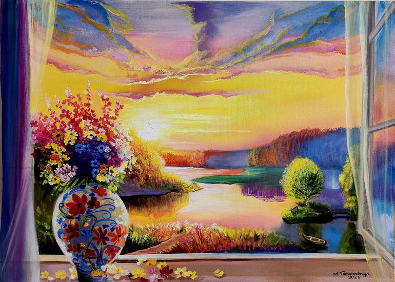 Original Landscape Painting by Alexandra Tomorskaya | Classicism Art on Canvas | Sunset View from the Window -- Landscape Oil Painting 20x28"