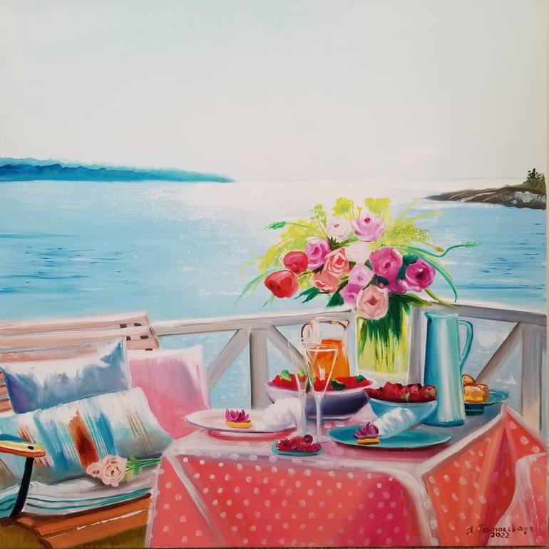 Original Beach Painting by Alexandra Tomorskaya | Classicism Art on Canvas | Breakfast by the Water (Lake Como) -- Original Oil Painting 24x24"