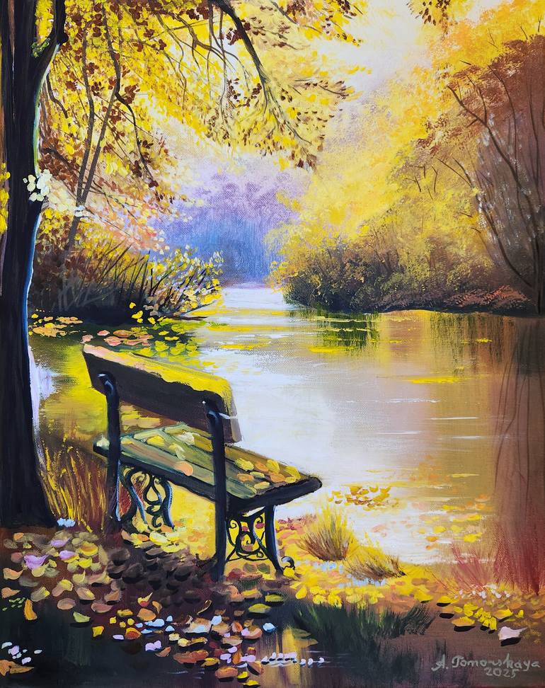 Original Water Painting by Alexandra Tomorskaya | Classicism Art on Canvas | Golden October by the Lake -- Original Oil Painting 16x20"
