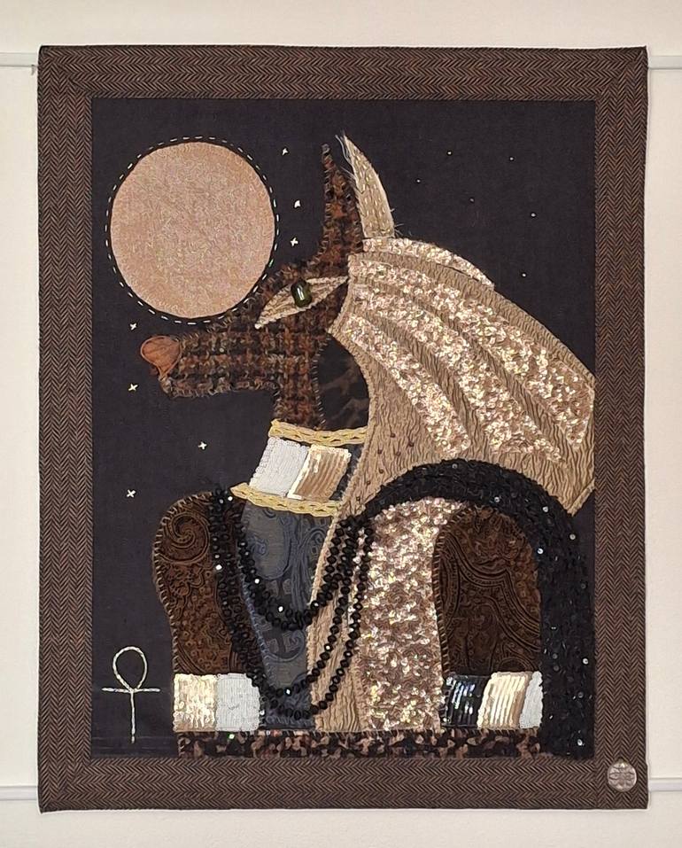 Original Classical Mythology Mixed Media by Elena Rauter | Symbolism Art on Fabric | Anubis: Guardian of the Moon Path -- Original Textile Wall Art