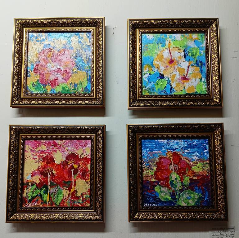 Original Abstract Painting by Maya Subramoni | Abstract Art on Canvas | Hibiscus hues impasto set of 4