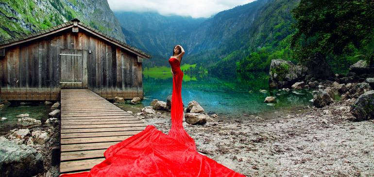 Original Women Photography by Anton Goydin | Conceptual Art on Paper | Where the Lake Dreams in Red (Horizontal) - Limited Edition of 10