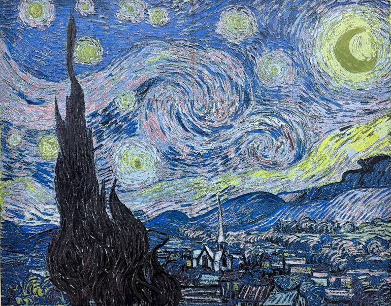 Original Landscape Mixed Media by Artur Harutyunyan | Pop Art Art on Plastic | The Starry Night: Modern 3D Relief