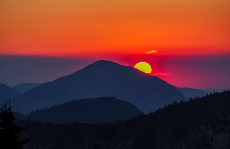Original Landscape Photography by Miriam Schwarzfischer | Color Field Painting Art on Canvas | Spectacular sunset over the Karwendel mountains