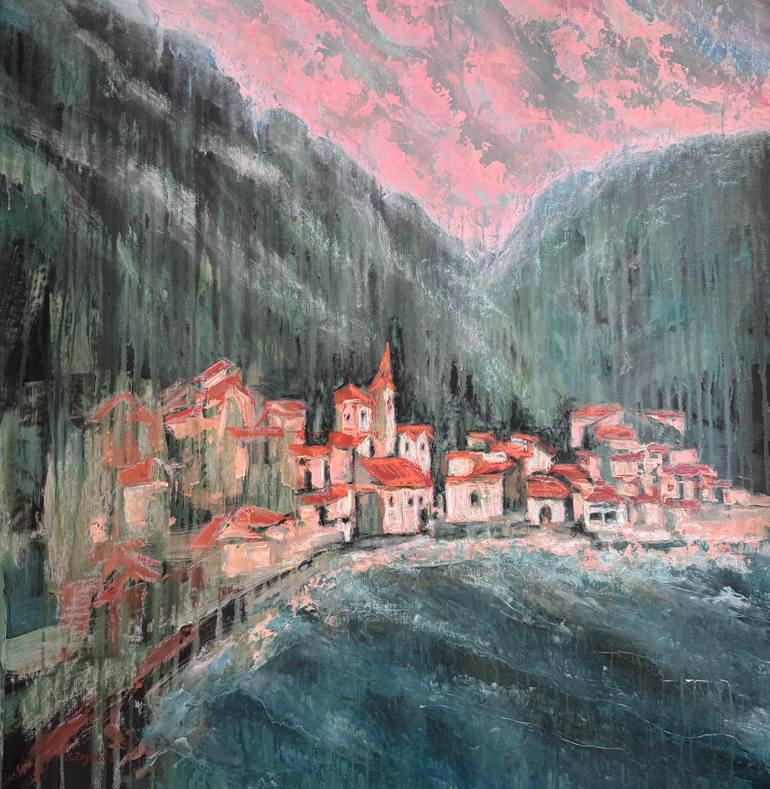 Original Landscape Painting by Svitlana Zezekalo | Abstract Expressionism Art on Canvas | "A Shelter for the Night" (from the sub-series Mosaics)