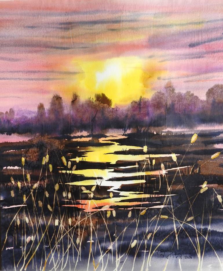 Original Landscape Painting by Abdullah Aydin Baykara | Contemporary Art on Paper | Sunset in the swamp