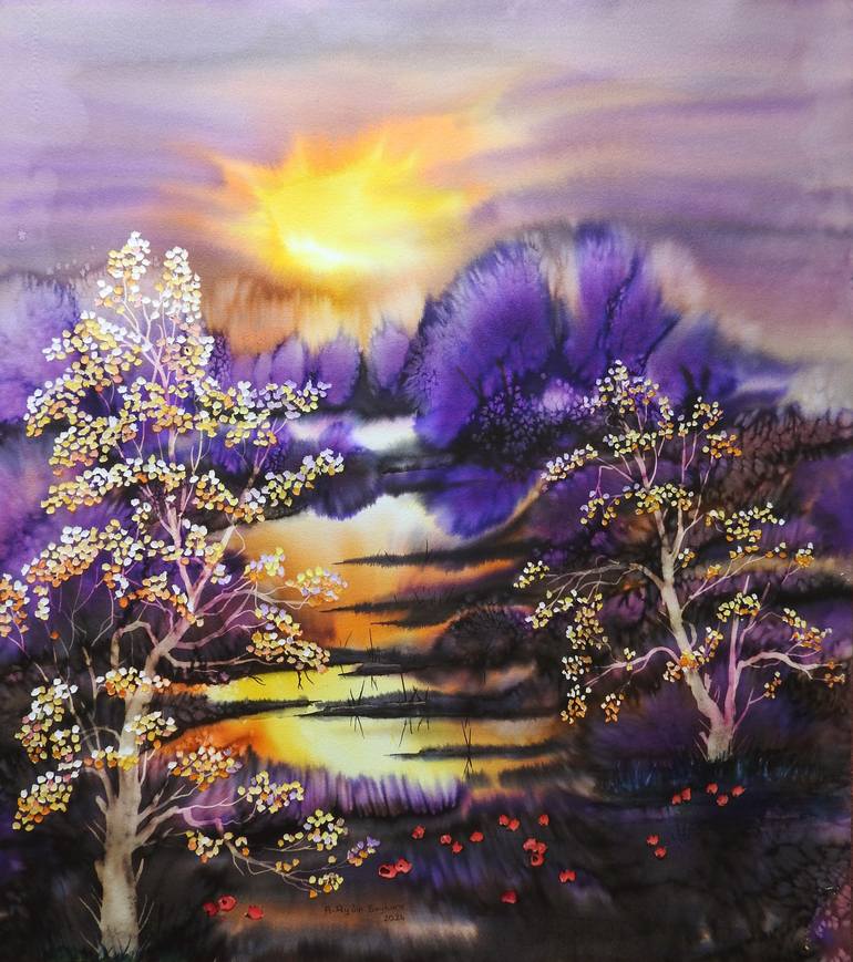 Original Landscape Painting by Abdullah Aydin Baykara | Figurative Art on Paper | Sunset on the river