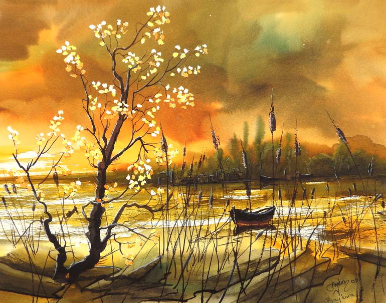 Original Boat Painting by Abdullah Aydin Baykara | Contemporary Art on Paper | Boat near the sea shore at sunset