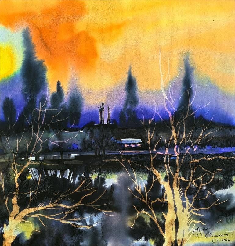 Original Landscape Painting by Abdullah Aydin Baykara | Figurative Art on Paper | After the sunset