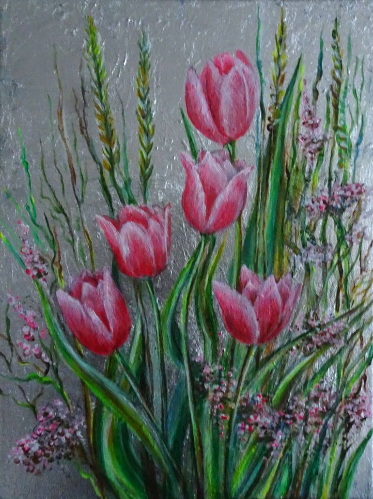 Original Floral Painting by Olga Milova | Classicism Art on Canvas | Tulips in Silver Light - Floral Poetry in Pink