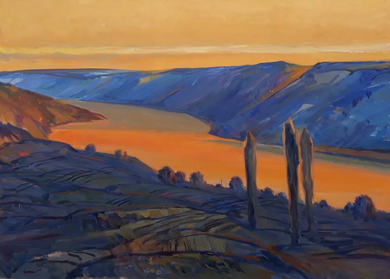 Original Landscape Painting by Veaceslav Ignatenco | Classicism Art on Canvas | By the river at sunset.