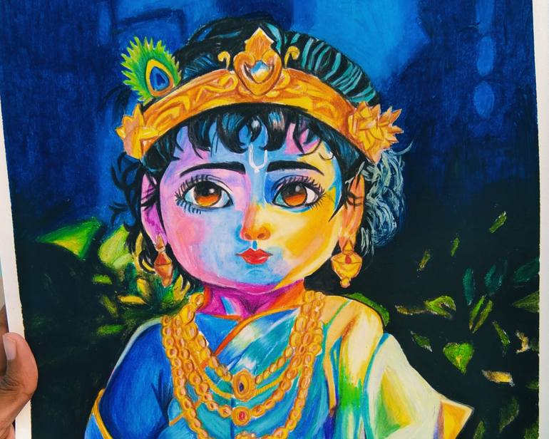 Original Religion Painting by Anvesha Paliwal | Color Field Painting Art on Paper | The little krishna