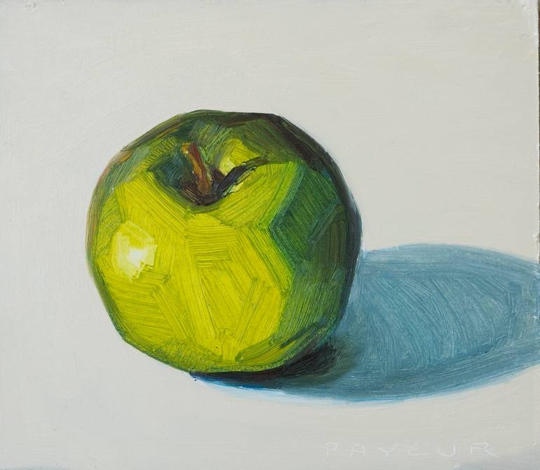 Original Food & Drink Painting by Olivier Payeur | Figurative Art on Other | modern still life of rough green apple on white