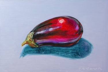 modern still life for food lovers: red eggplant on blue thumb