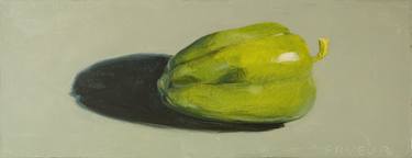 gift for food lovers: modern still life of a green pepper on grey background thumb