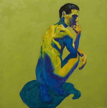 modern pop art portrait of a nude man in yellow green and blue thumb