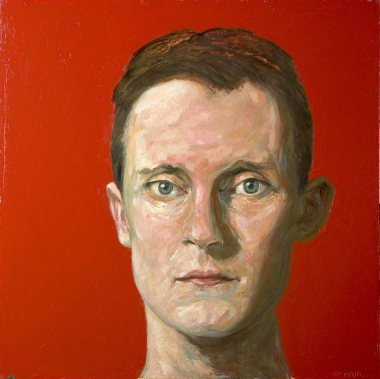 large modern portrait of a man on red background