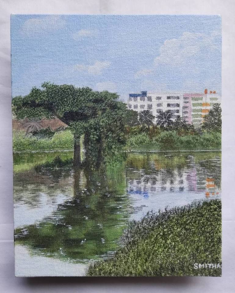 Original Landscape Painting by Smitha M | Realism Art on Canvas | Quiet Reflections by the Lake