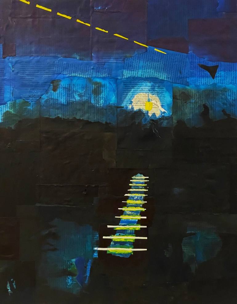 Original Abstract Collage by Igor Stefanowicz | Abstract Art on Acrylic | Lake in the moon light