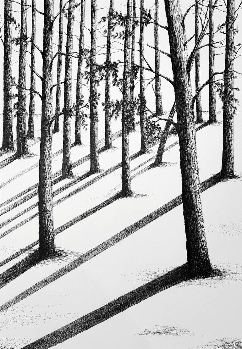 Original Black & White Nature Drawing by Justyna Grunwald