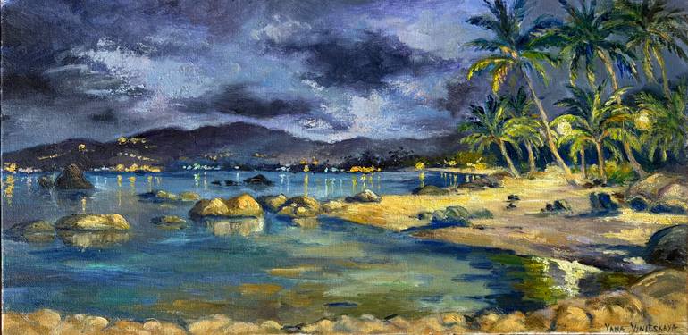 Original Seascape Painting by Yana Vinitskaya | Contemporary Art on Canvas | Nightfall on the Island