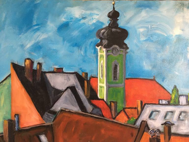 Original Cities Painting by Monika Hackl | Expressionism Art on Canvas | Roofs of Munich & Church Tower of St Theresa